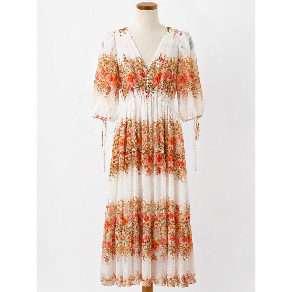 Women's Taylor Floral Striped Swiss-Dot Chiffon Cottagecore Maxi Dress Size 6